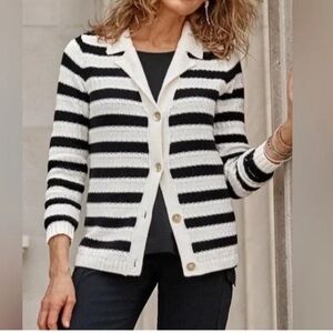 J. Jill Black and White Striped Cardigan Size Medium Wearever Collection